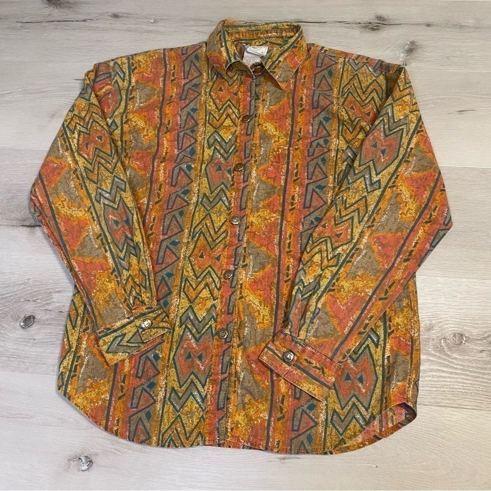 Vintage Info USA Long Sleeve Button Down Shirt, Multicolor Desert Sunset…